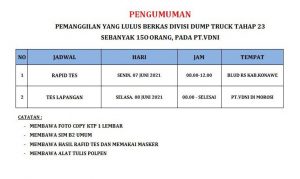 PT VDNI Memanggil CTKL Divisi Dump Truck Tahap 23 Sebanyak 150 Orang