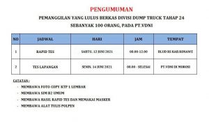 PT VDNI Memanggil CTKL Divisi Dump Truck Tahap 24