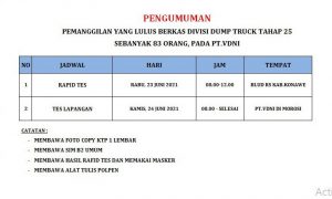 PT VDNI Memanggil CTKL Divisi Dump Truck Tahap 25 Sebanyak 83 Orang