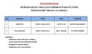 PT VDNI Memanggil 146 CTKL Divisi Dump Truck