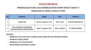 PT VDNI Memanggil CTKL Divisi Dump Truck Tahap 27, Cek Nama Kamu Disini !