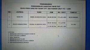 PT OSS Memanggil CTKL Divisi Crew Smelter tahap 3 No Urut 771-1004