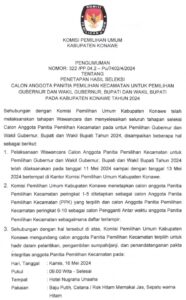 KPU Konawe Umumkan Hasil Seleksi Calon Anggota PPK Terpilih Pilkada Tahun 2024