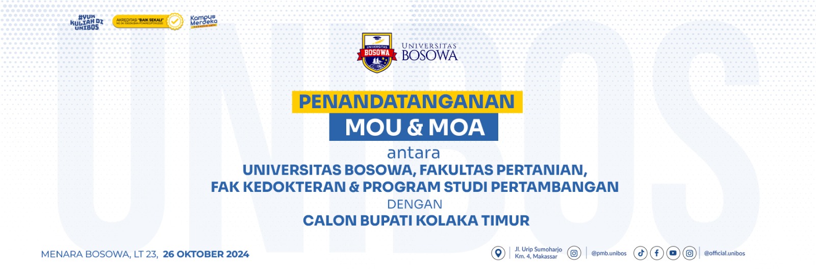 Paslon DAMAI Tanda Tangan MoU Kerjasama Universitas Bosowa, Beri Beasiswa Putra Putri Koltim